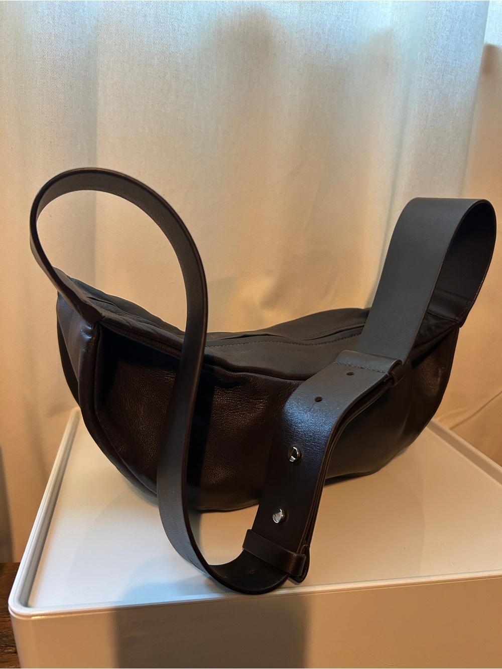 COS Chocolate Brown Leather Crescent Crossbody Bag
